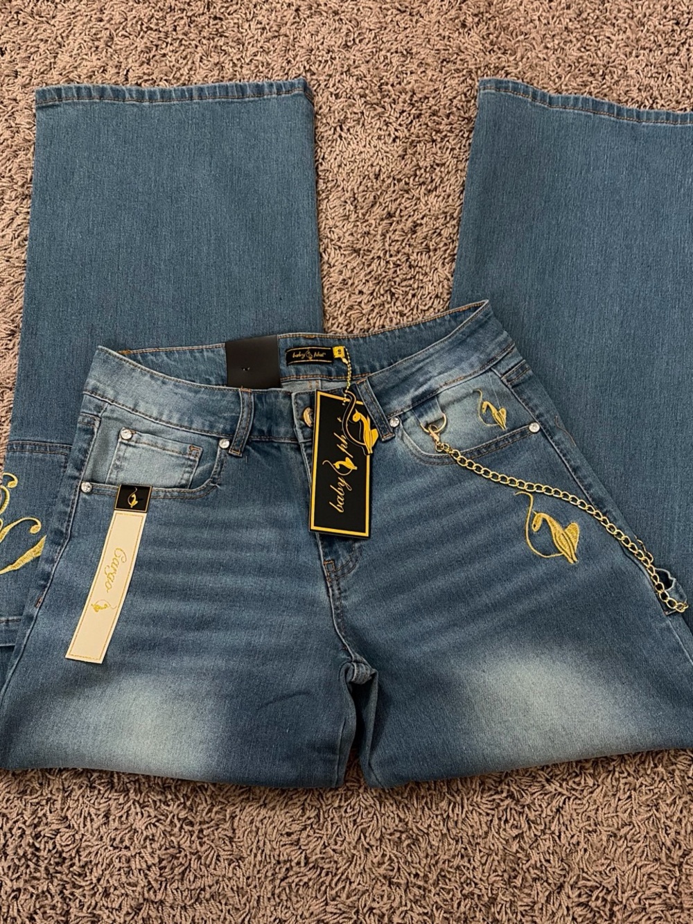Baby Phat Blue Wide-Leg Jeans with Gold Embroidery & Chain